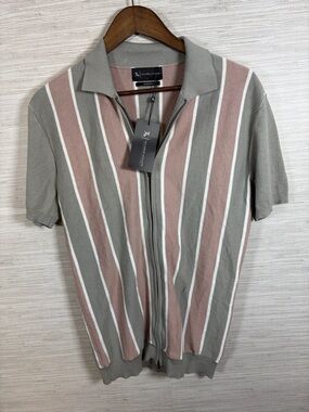 Zip-Front Short-Sleeve Polo in Sage and Dusty Rose - Authentic Tailored Athlete